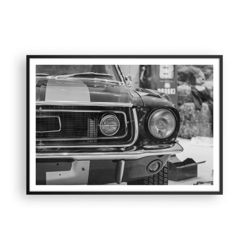 Poster in einem schwarzem Rahmen - Schwarz-weiße Motorhaube eines Oldtimers - 100x70cm - Wilder Ritt - Moderne Wanddekoration für Wohnzimmer und Schlafzimmer ARTTOR