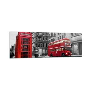 Glasbild - Bild auf glas - Eine rote Telefonzelle und ein Doppeldeckerbus in London mit der Stadt im Hintergrund - 160x50cm - Das Rotste in Europa - Moderne Wanddekoration für Wohnzimmer und Schlafzimmer ARTTOR