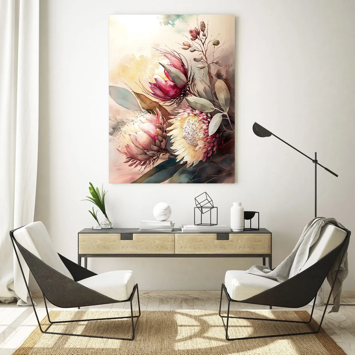 Glasbild - Bild auf glas - Protea-Blüten in Pastellfarben auf künstlerischem Hintergrund - 50x70cm - Im Profil und en face - Moderne Wanddekoration für Wohnzimmer und Schlafzimmer ARTTOR