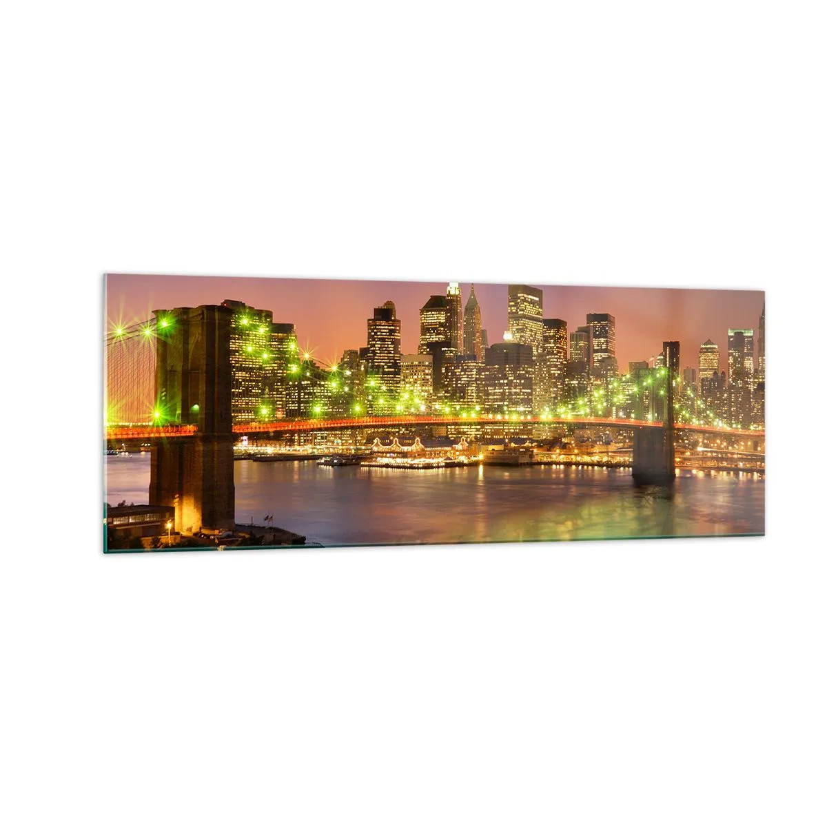 Glasbild - Bild auf glas - Beleuchtete Brücke in einer modernen Stadt bei Nacht - 140x50cm - Hier geht das Licht nie aus - Moderne Wanddekoration für Wohnzimmer und Schlafzimmer ARTTOR
