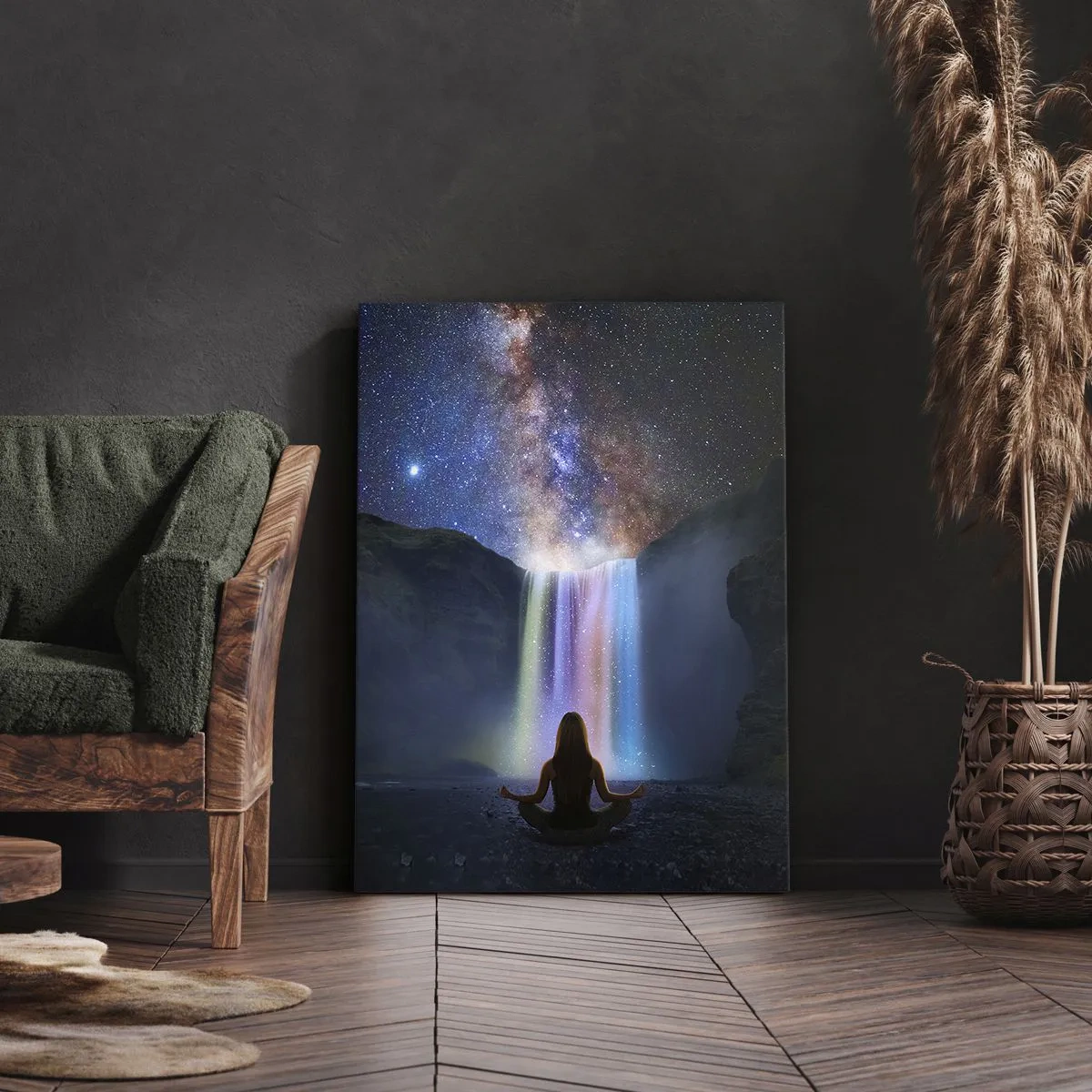 Bild auf Leinwand - Leinwandbild - Meditation vor einem Wasserfall inmitten der Sterne - 50x70cm - Absolute Harmonie - Moderne Wanddekoration für Wohnzimmer und Schlafzimmer ARTTOR