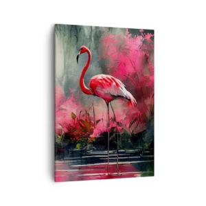 Bild auf Leinwand - Leinwandbild - Flamingos am Wasser, umgeben von Vegetation - 50x70cm - Lektion in natürlicher Anmut - Moderne Wanddekoration für Wohnzimmer und Schlafzimmer ARTTOR