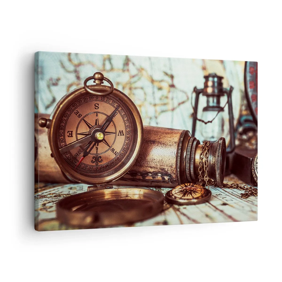 Bild auf Leinwand - Leinwandbild - Ein Retro-Set mit Kompass, Teleskop und Karte im Reisethema - 70x50cm - Ein Piratenabenteuer in der Karibik wartet - Moderne Wanddekoration für Wohnzimmer und Schlafzimmer ARTTOR