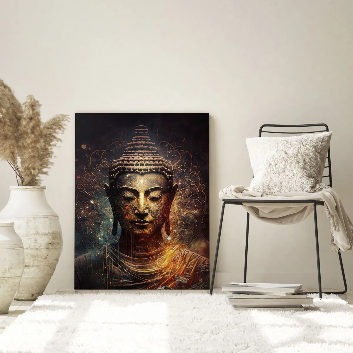 Glasbild - Bild auf glas - Eine goldene Buddhafigur auf dunklem Hintergrund mit Ornamenten - 50x70cm - Spirituelles Gleichgewicht - Moderne Wanddekoration für Wohnzimmer und Schlafzimmer ARTTOR