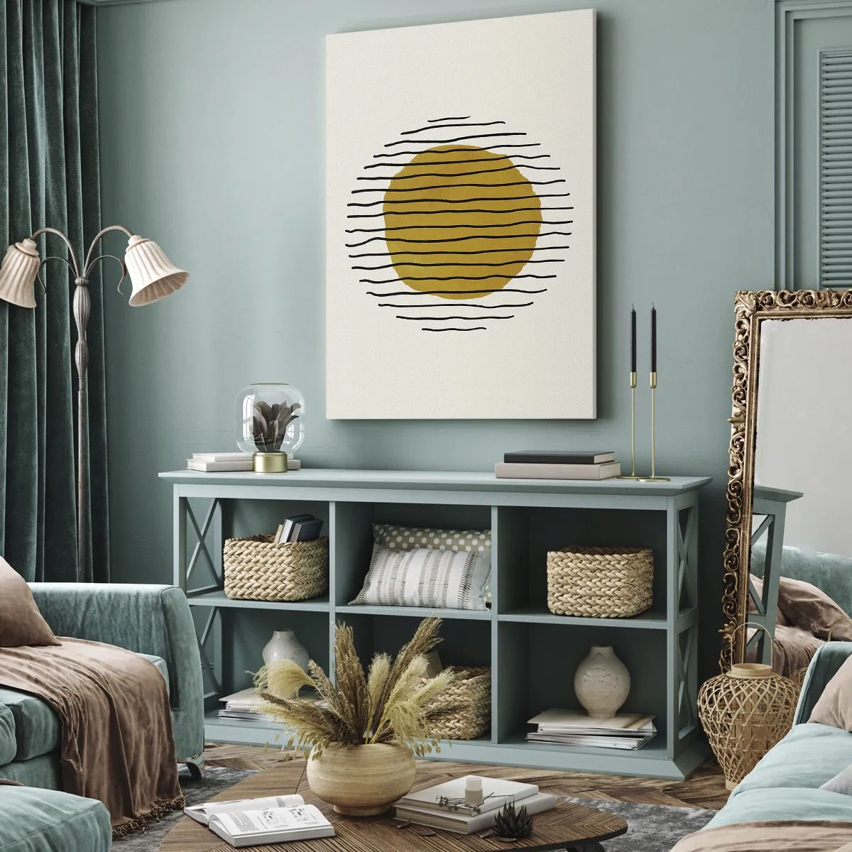 Bild auf Leinwand - Leinwandbild - Ein minimalistisches Motiv mit einem gelben Kreis und schwarzen Linien. - 70x100cm - Abstraktion, die vor Hitze zittert - Moderne Wanddekoration für Wohnzimmer und Schlafzimmer ARTTOR