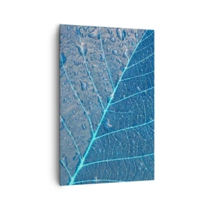 Bild auf Leinwand - Leinwandbild - Ein Blatt in Blautönen mit Wassertropfen - 80x120cm - Leben in Blau - Moderne Wanddekoration für Wohnzimmer und Schlafzimmer ARTTOR