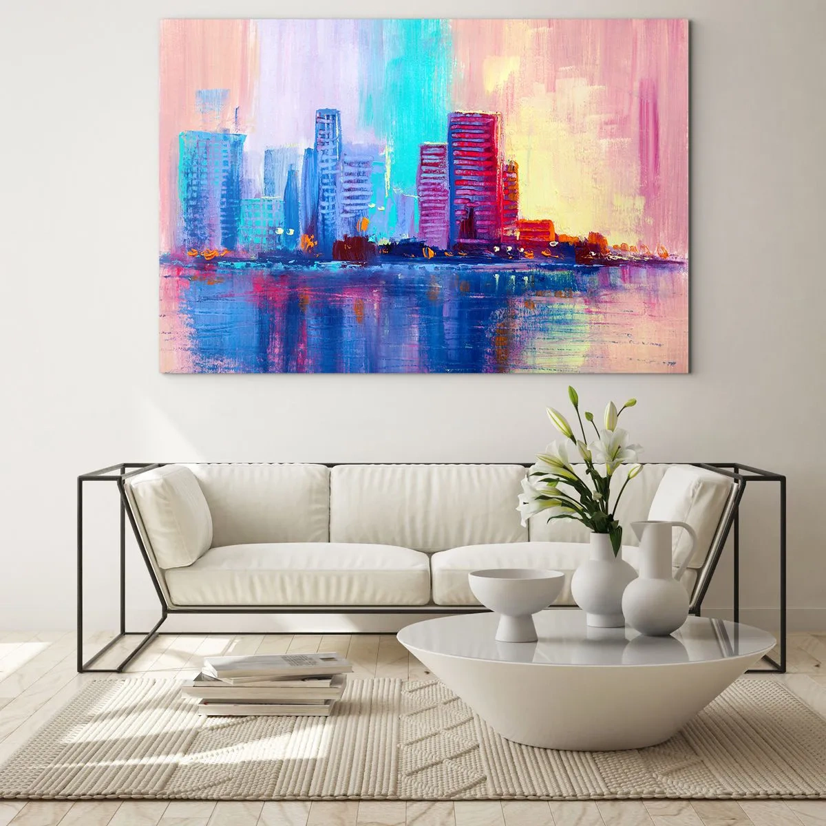 Glasbild - Bild auf glas - Eine moderne Stadt in intensiven Farben, die sich im Wasser spiegelt - 70x50cm - In Farben getaucht - Moderne Wanddekoration für Wohnzimmer und Schlafzimmer ARTTOR