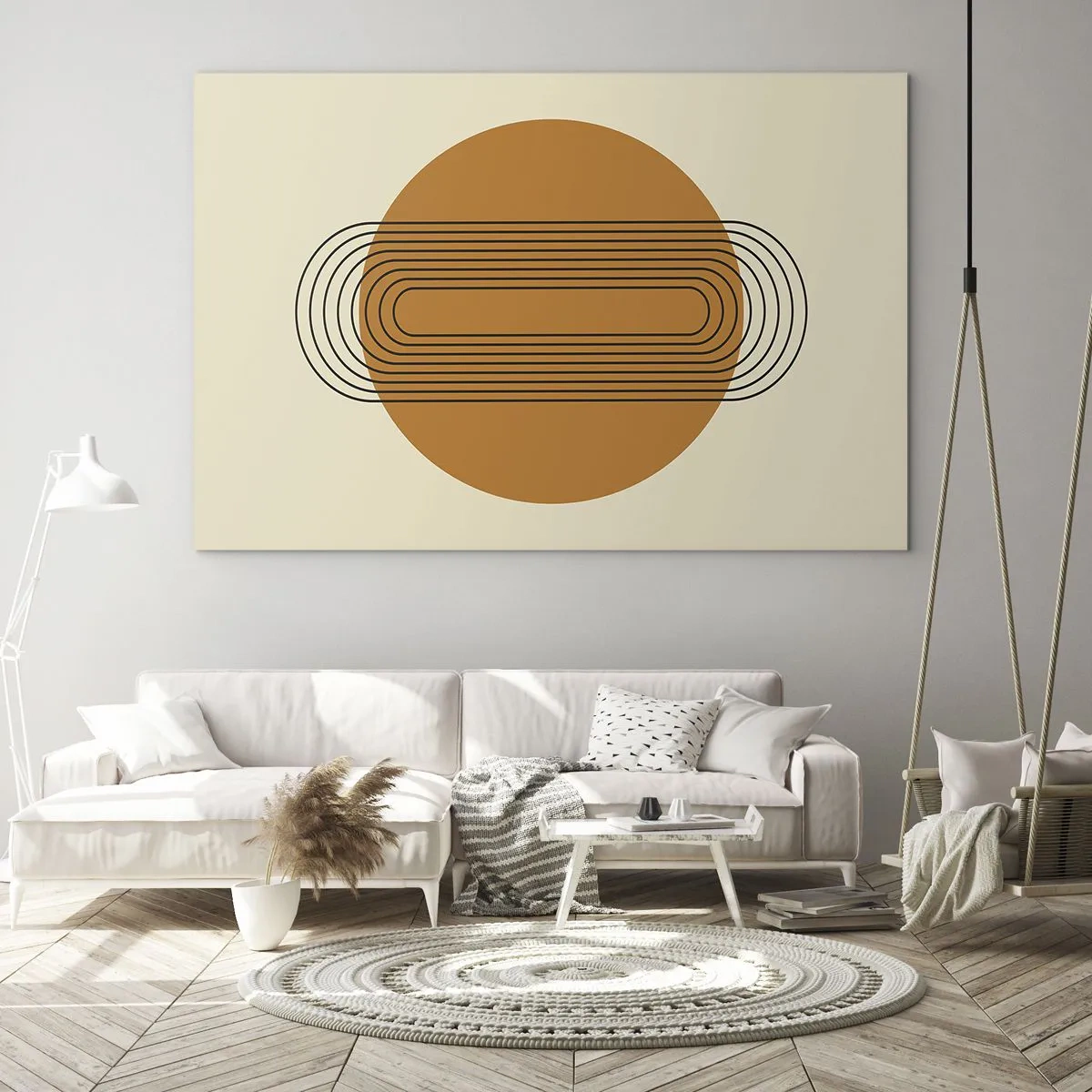 Glasbild - Bild auf glas - Geometrische Abstraktion mit Kreisen und Linien - 70x50cm - Perfekter Plan - Moderne Wanddekoration für Wohnzimmer und Schlafzimmer ARTTOR