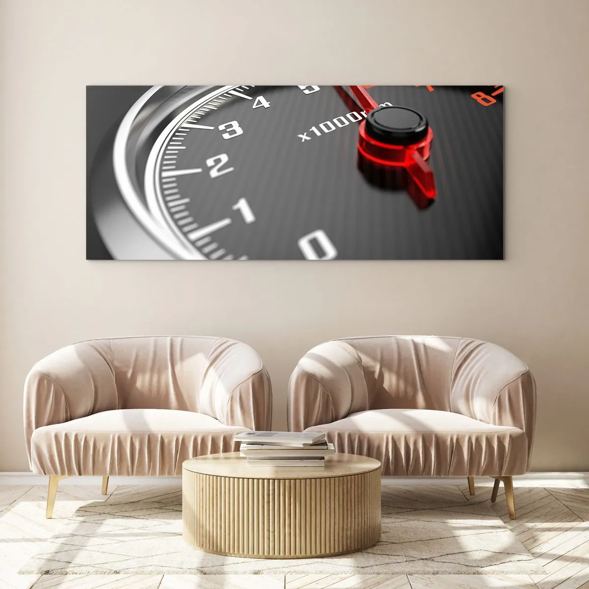 Glasbild - Bild auf glas - Nahaufnahme des Drehzahlmessers mit der roten Nadel - 120x50cm - Vollgas! - Moderne Wanddekoration für Wohnzimmer und Schlafzimmer ARTTOR