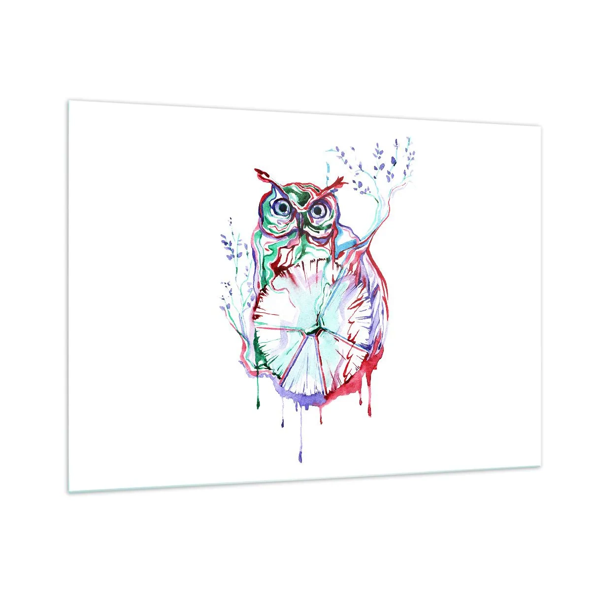 Glasbild - Bild auf glas - Abstrakte Eule in einer farbenfrohen Aquarellkomposition - 100x70cm - Von Natur aus klug - Moderne Wanddekoration für Wohnzimmer und Schlafzimmer ARTTOR