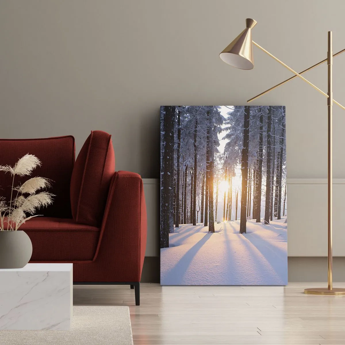 Bild auf Leinwand - Leinwandbild - Winterwald, beleuchtet von den Sonnenstrahlen - 70x100cm - Ganz klar schwarz auf weiß - Moderne Wanddekoration für Wohnzimmer und Schlafzimmer ARTTOR