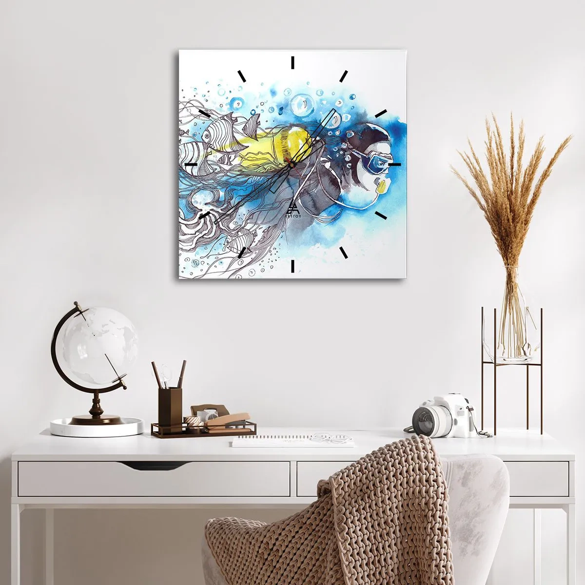 Wanduhr - Glasuhr - Unterwasserszene mit einem Taucher und exotischen Fischen - 30x30cm - Tolles Blau - Moderne Wanddekoration für Wohnzimmer und Schlafzimmer ARTTOR