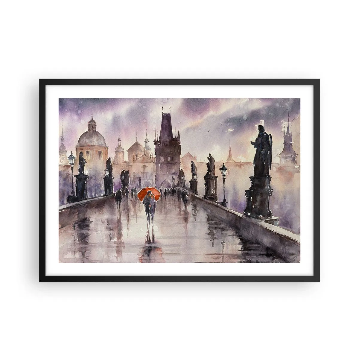 Poster in einem schwarzem Rahmen - Romantischer Blick auf eine Brücke mit einem Regenschirm vor der Kulisse einer abendlichen Stadt - 70x50cm - Leute verändern sich nicht - Moderne Wanddekoration für Wohnzimmer und Schlafzimmer ARTTOR