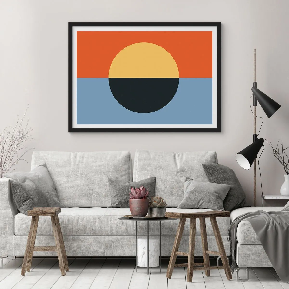 Poster in einem schwarzem Rahmen - Geometrische Abstraktion mit kontrastierenden Farben - 100x70cm - Eine Komposition aus Wärme und Kühle - Moderne Wanddekoration für Wohnzimmer und Schlafzimmer ARTTOR
