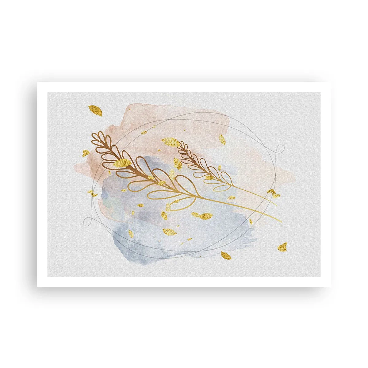 Poster - Ein zartes goldenes Blattmotiv auf pastellfarbenem Hintergrund mit Aquarelldetails. - 100x70cm - Goldenr Hauch - Moderne Wanddekoration für Wohnzimmer und Schlafzimmer ARTTOR