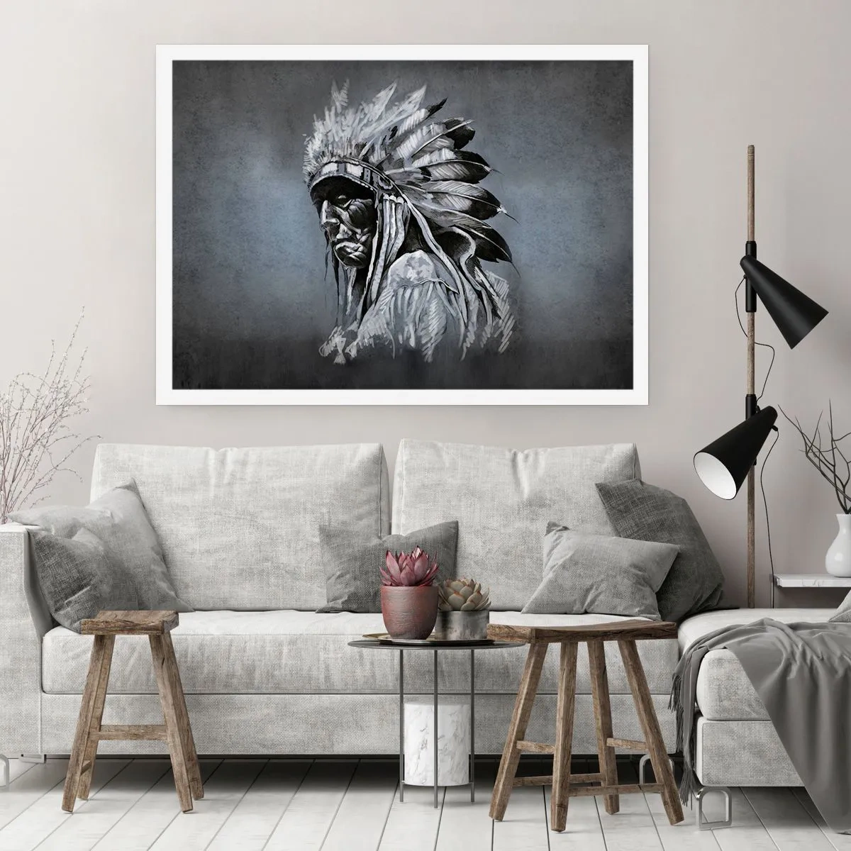 Poster - Porträt eines Indianerhäuptlings mit traditioneller Kopfbedeckung - 100x70cm - Zurück zu den Wurzeln - Moderne Wanddekoration für Wohnzimmer und Schlafzimmer ARTTOR