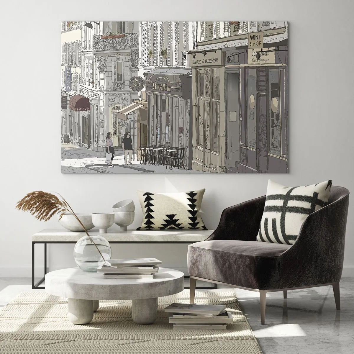 Glasbild - Bild auf glas - Eine Straße mit Cafés im künstlerischen urbanen Stil - 120x80cm - Stadtfreuden - Moderne Wanddekoration für Wohnzimmer und Schlafzimmer ARTTOR