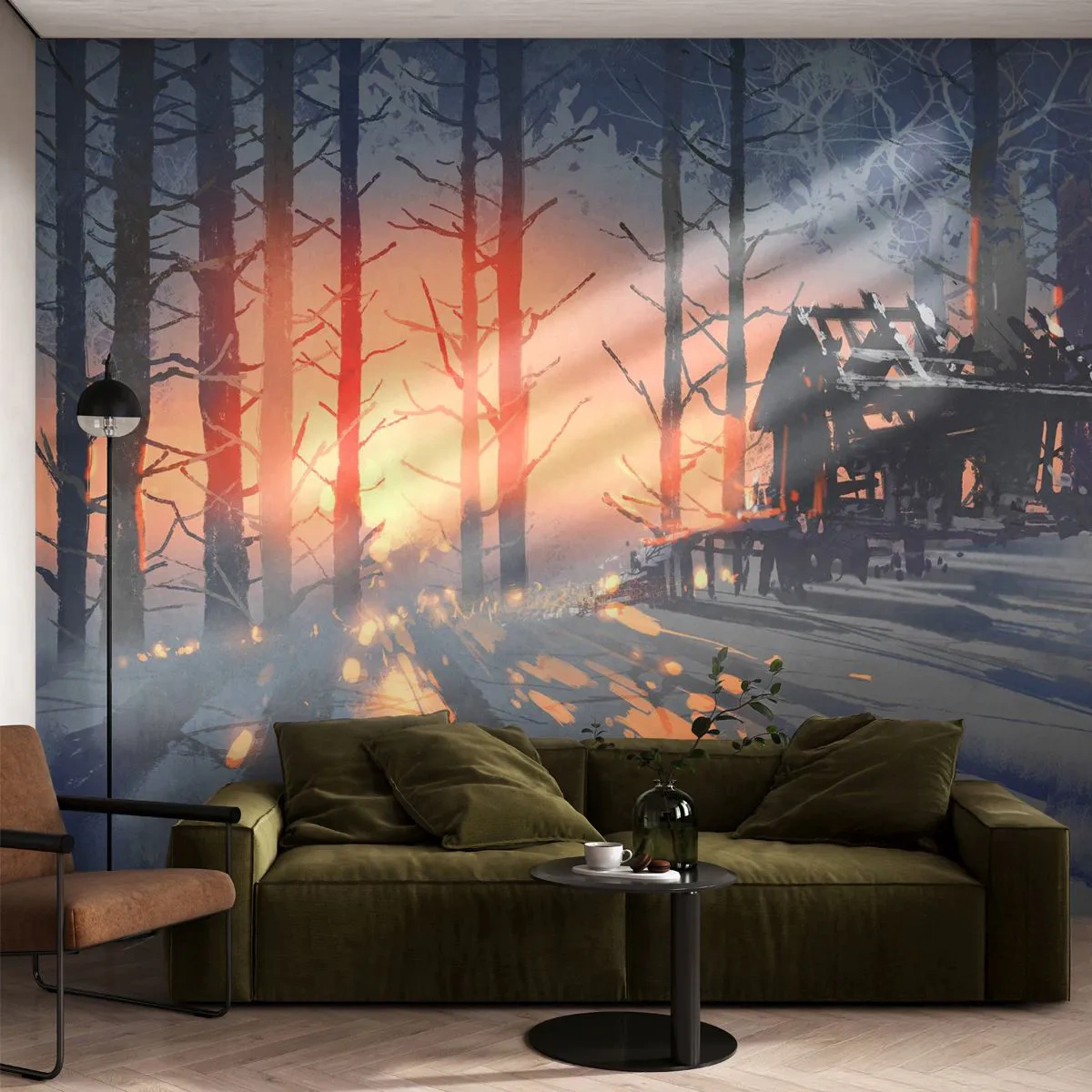 Fototapete Premium Sand - Winterwald mit einem Holzhaus bei Sonnenuntergang - 100x70cm - Hier sieht nur die Sonne rein - Moderne Wanddekoration für Wohnzimmer und Schlafzimmer ARTTOR