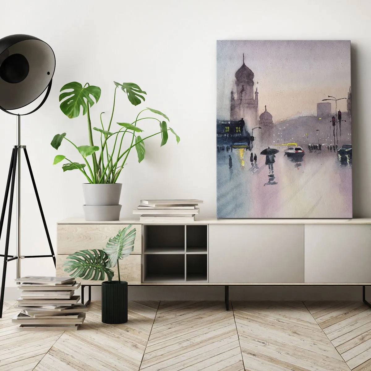 Bild auf Leinwand - Leinwandbild - Eine Stadtstraße in der Abenddämmerung im Aquarellstil - 50x70cm - Im regnerischen Dunst - Moderne Wanddekoration für Wohnzimmer und Schlafzimmer ARTTOR