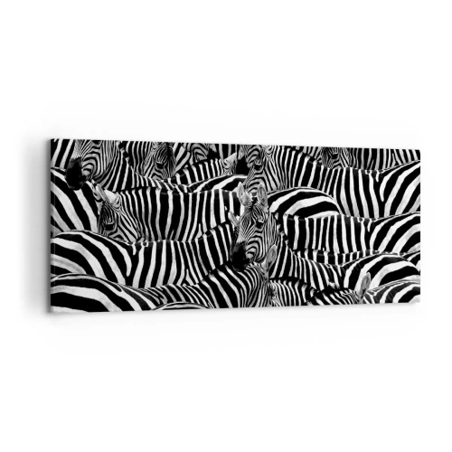 Bild auf Leinwand - Leinwandbild - Eine Gruppe Zebras mit schwarzen und weißen Streifen, die ein symmetrisches Muster bilden. - 120x50cm - Gestreiftes Gruppenportrait - Moderne Wanddekoration für Wohnzimmer und Schlafzimmer ARTTOR