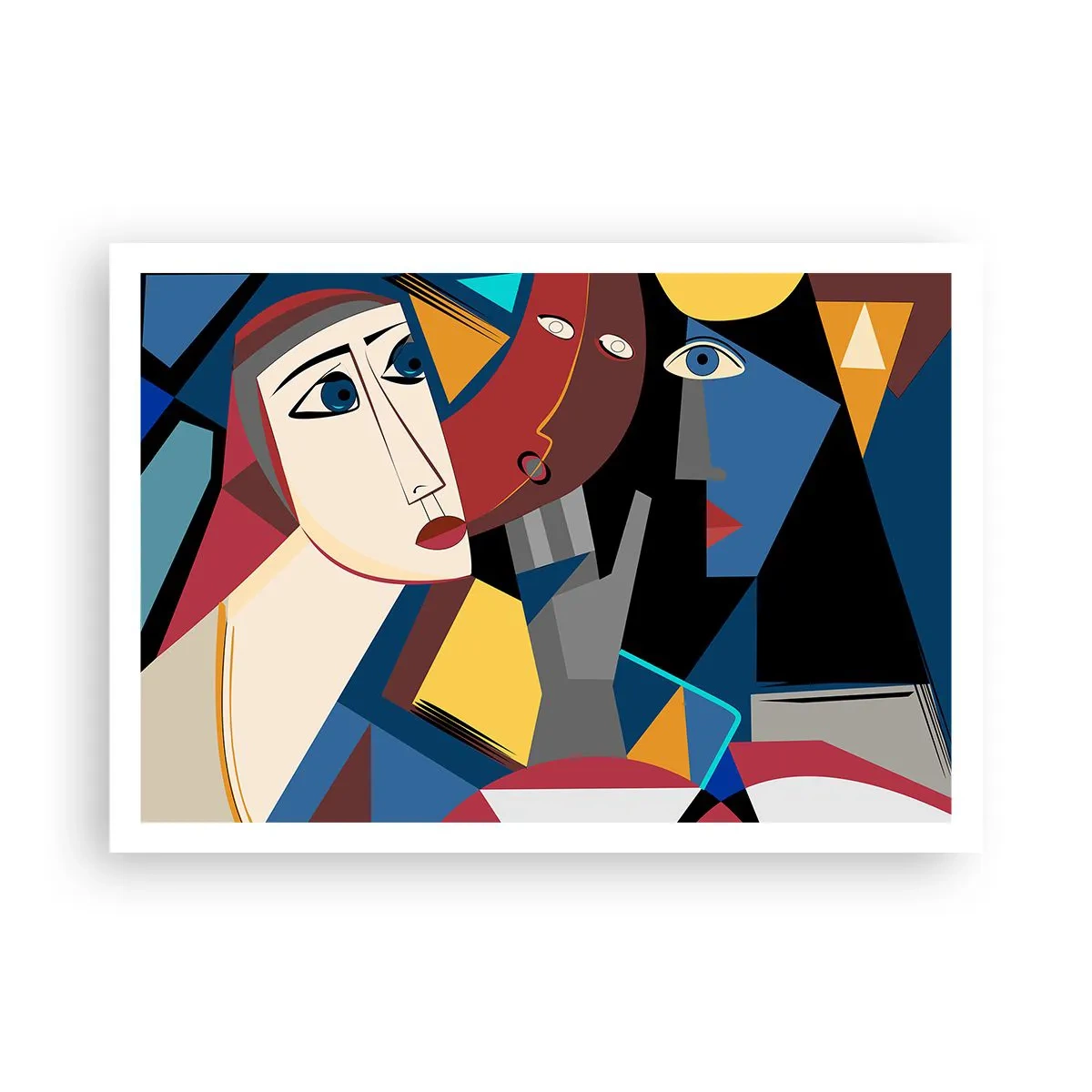 Poster - Kubistische Gesichter in intensiven Farben - 100x70cm - Gespräch zwischen Kubisten - Moderne Wanddekoration für Wohnzimmer und Schlafzimmer ARTTOR