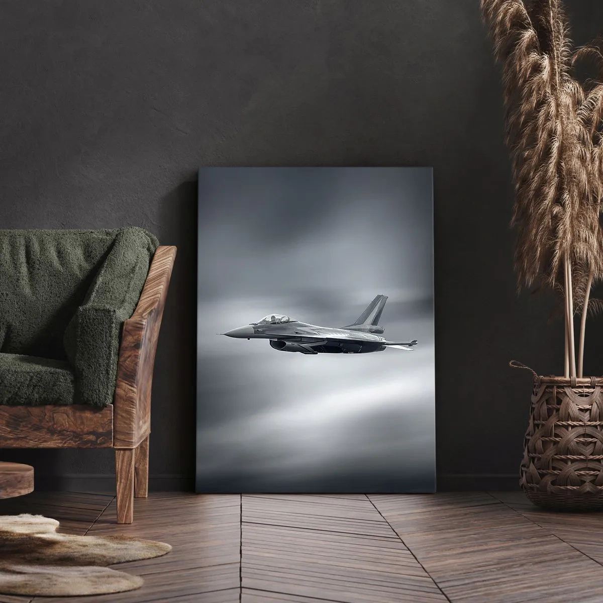 Bild auf Leinwand - Leinwandbild - Ein Kampfjet im Flug vor einem bewölkten Himmel - 70x100cm - Wirst du herausfordern? - Moderne Wanddekoration für Wohnzimmer und Schlafzimmer ARTTOR