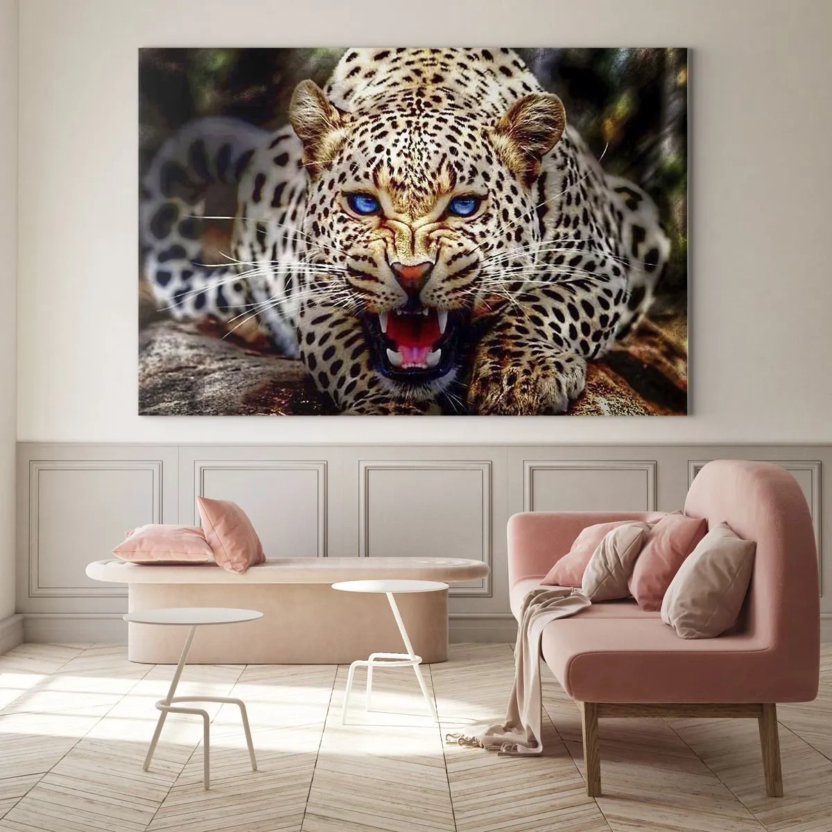 Glasbild - Bild auf glas - Ein wilder blauäugiger Leopard in freier Wildbahn - 70x50cm - Schönheitswut tut nicht weh - Moderne Wanddekoration für Wohnzimmer und Schlafzimmer ARTTOR