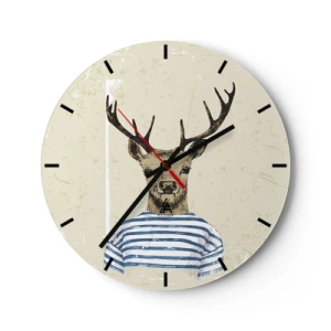Wanduhr - Glasuhr - Ein Cartoon-Hirsch in gestreifter Kleidung vor einem beigen Hintergrund - 30x30cm - Weil ich gestreifte T-Shirts mag! - Moderne Wanddekoration für Wohnzimmer, Küche und Schlafzimmer ARTTOR