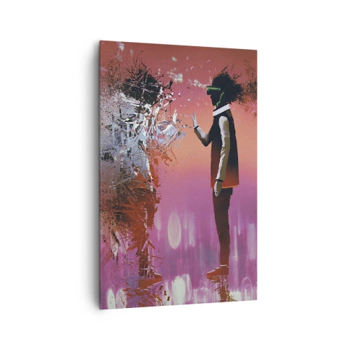 Bild auf Leinwand - Leinwandbild - Eine abstrakte Szene mit einer futuristischen Figur und verstreuten Elementen. - 80x120cm - Kannst du dich selbst anschauen? - Moderne Wanddekoration für Wohnzimmer und Schlafzimmer ARTTOR