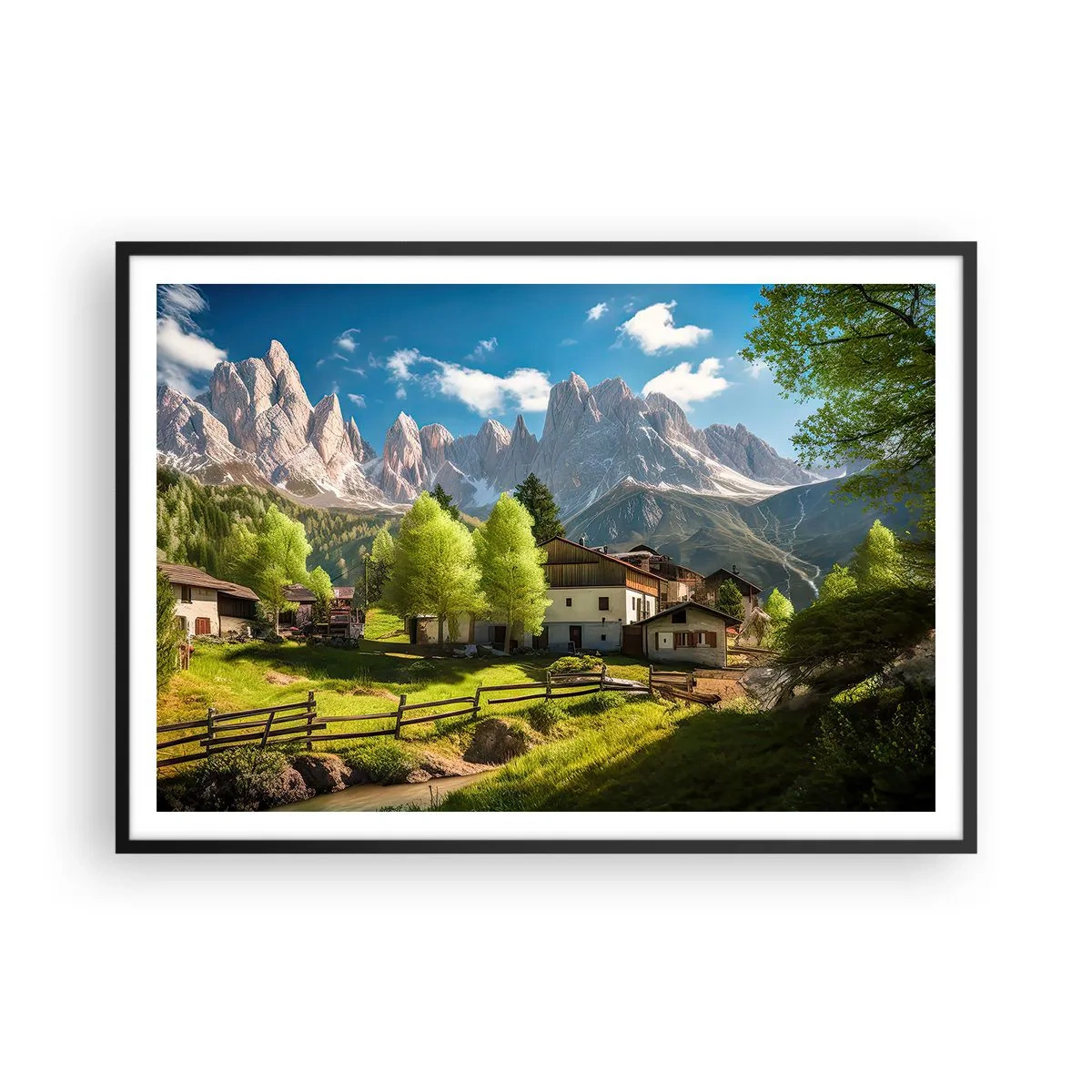 Poster in einem schwarzem Rahmen - Ein Bergdorf mit Häusern und Blick auf die Alpen - 100x70cm - Alpenidylle - Moderne Wanddekoration für Wohnzimmer und Schlafzimmer ARTTOR