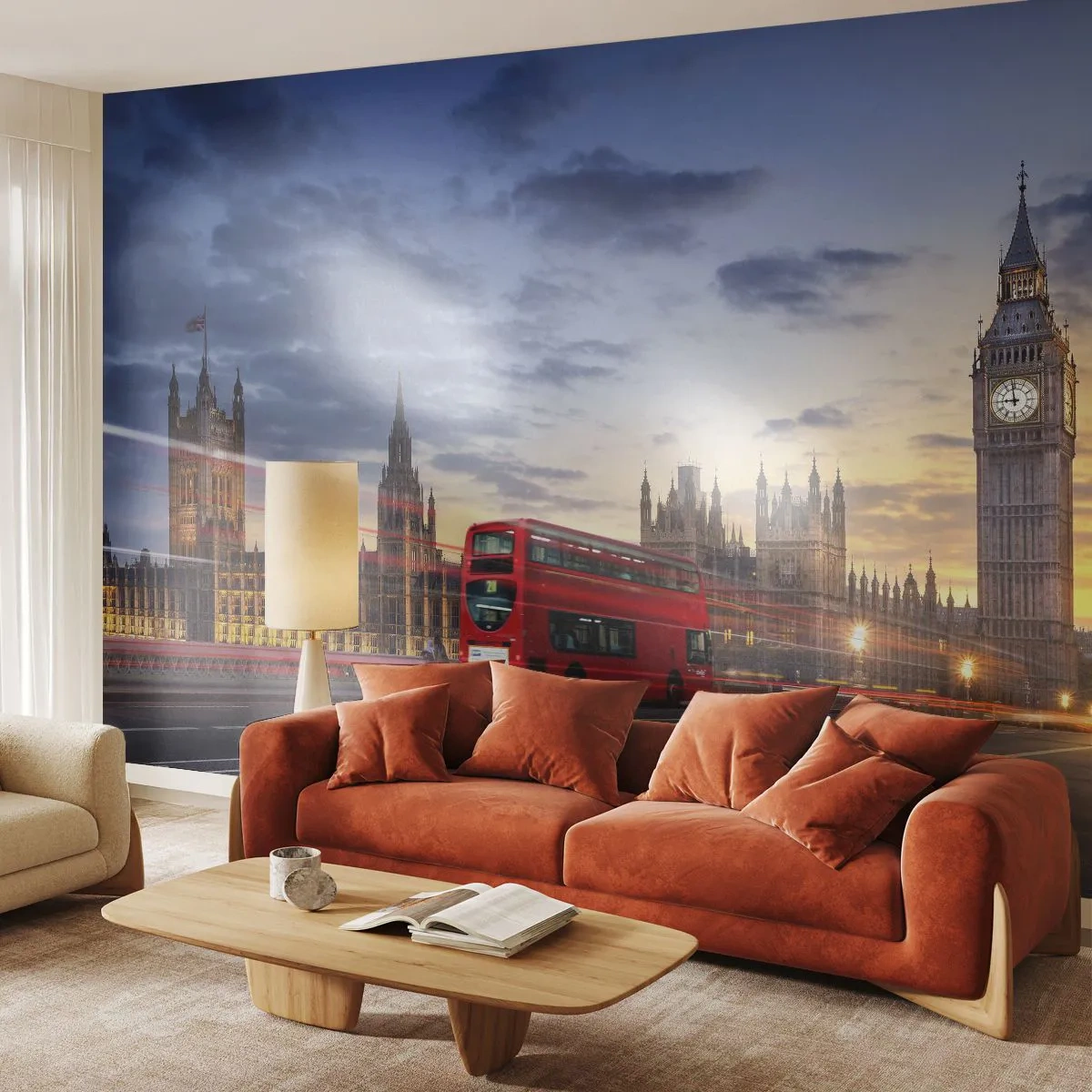 Fototapete Premium Sand - Ein Londoner Bus vor Big Ben bei Sonnenuntergang - 100x70cm - Spezielle Charaktere - Moderne Wanddekoration für Wohnzimmer und Schlafzimmer ARTTOR