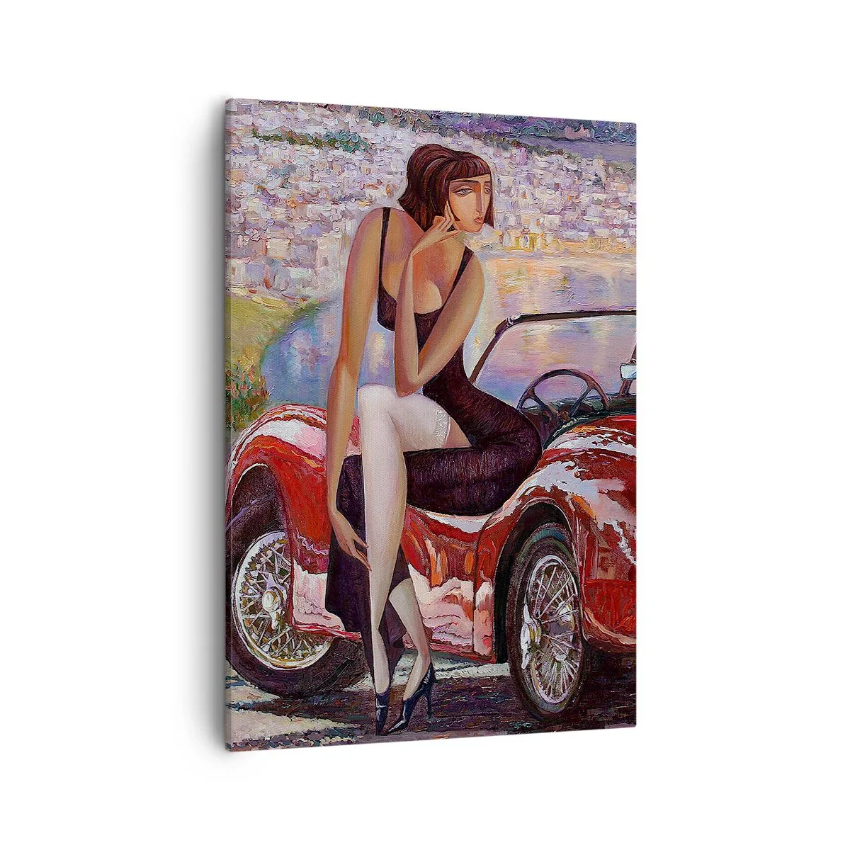 Bild auf Leinwand - Leinwandbild - Eine Frau neben einem roten Auto mit einer Stadt im Hintergrund - 50x70cm - Sommer? Nur an der Riviera - Moderne Wanddekoration für Wohnzimmer und Schlafzimmer ARTTOR