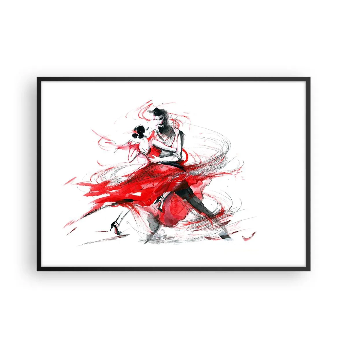 Poster in einem schwarzem Rahmen - Tänzer in einem dynamischen Tanz mit roten Akzenten - 100x70cm - Tango – der Rhythmus der Leidenschaft - Moderne Wanddekoration für Wohnzimmer und Schlafzimmer ARTTOR