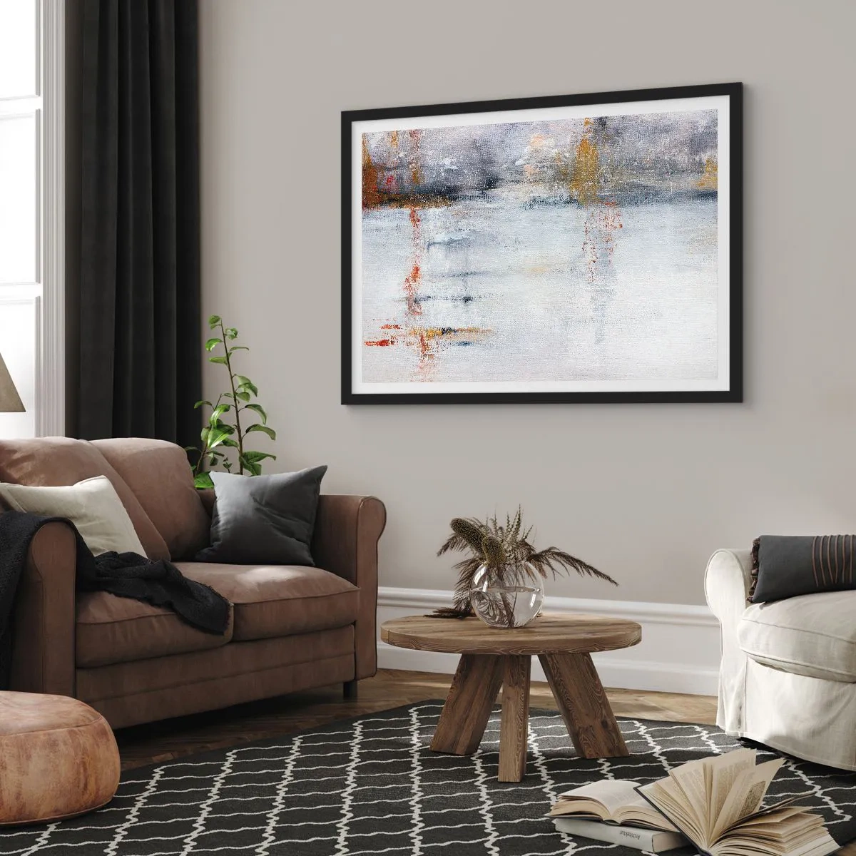 Poster in einem schwarzem Rahmen - Eine abstrakte Landschaft mit verschwommenen Akzenten in Grau und Gold. - 70x50cm - Hinter dem Luftvorhang - Moderne Wanddekoration für Wohnzimmer und Schlafzimmer ARTTOR