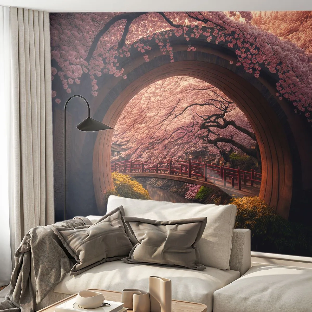 Fototapete Premium Canvas - Japanischer Frühling - Brücke, Japan, Japanische Kirsche - 450x315 cm