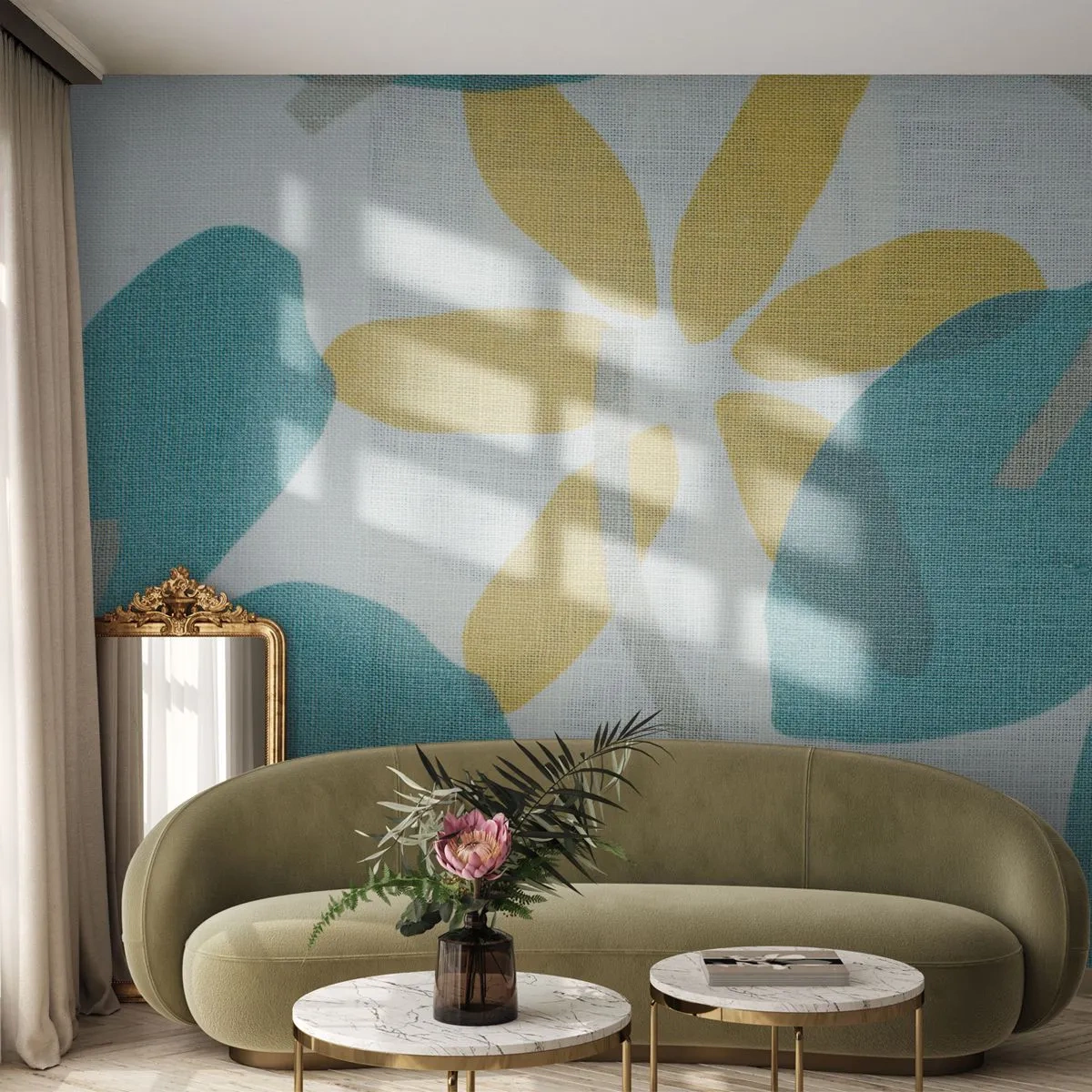 Selbstklebende Fototapete Deluxe Sticker - Unter den azurblauen Blättern - Boho, Blumen, Minimalismus - 400x280 cm