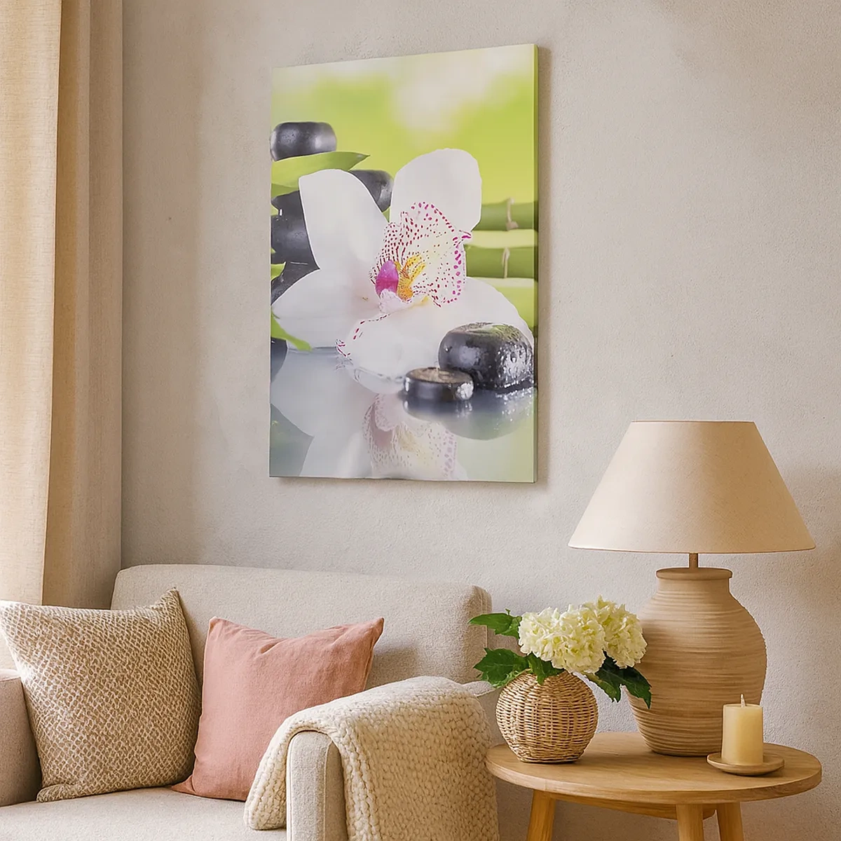 Bild auf Leinwand - Leinwandbild - Orchidee, Steine und Bambus in einer harmonischen Spa-Komposition - 50x70cm - Kühle Frische - Moderne Wanddekoration für Wohnzimmer und Schlafzimmer ARTTOR