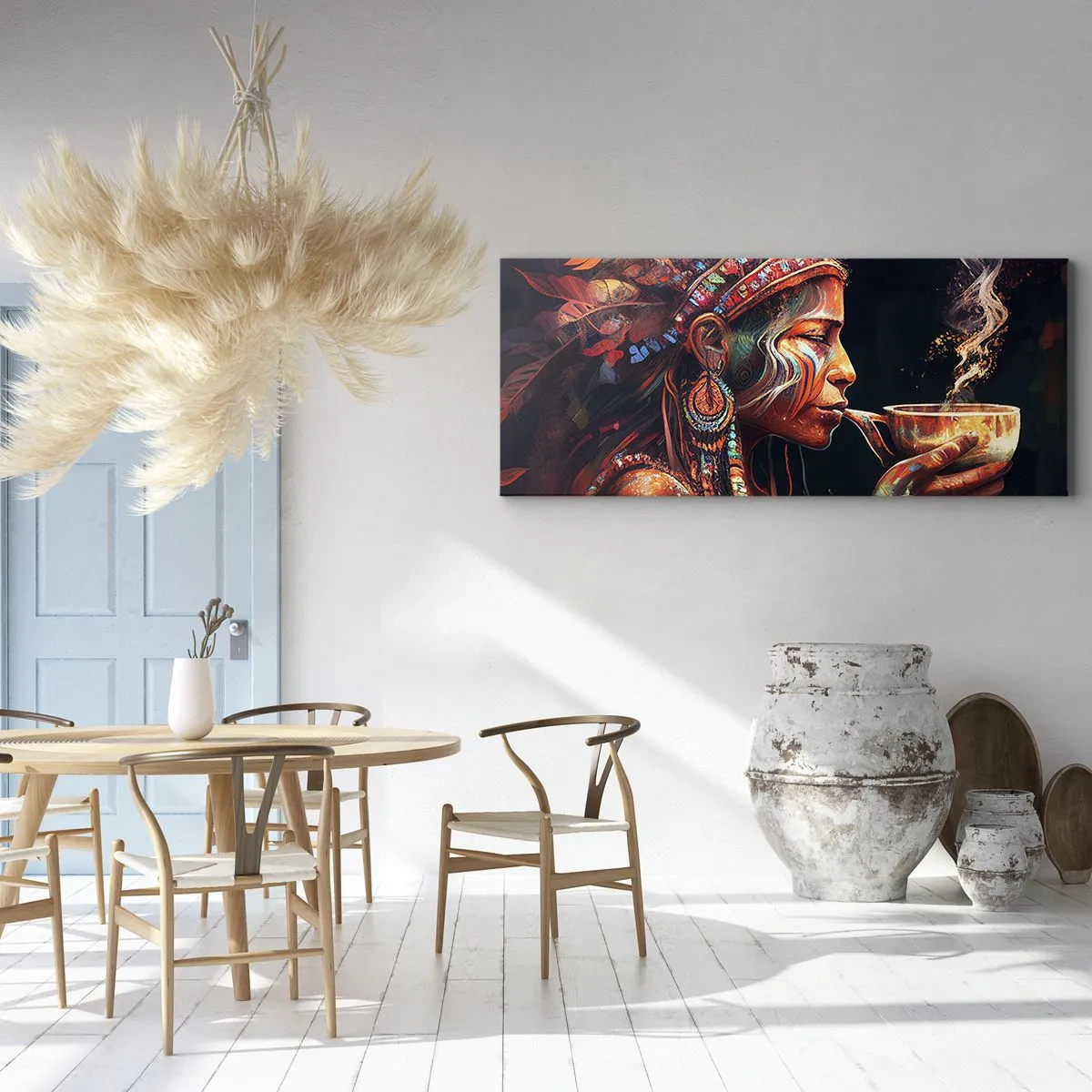 Bild auf Leinwand - Leinwandbild - Eine farbenfrohe Figur im Ethno-Stil mit einer Tasse dampfenden Getränks - 120x50cm - Magisches Ritual - Moderne Wanddekoration für Wohnzimmer und Schlafzimmer ARTTOR