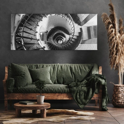 Bild auf Leinwand - Leinwandbild - Schwarz-Weiß-Fotografie einer Wendeltreppe aus der Vogelperspektive - 160x50cm - Höher und höher - Moderne Wanddekoration für Wohnzimmer und Schlafzimmer ARTTOR