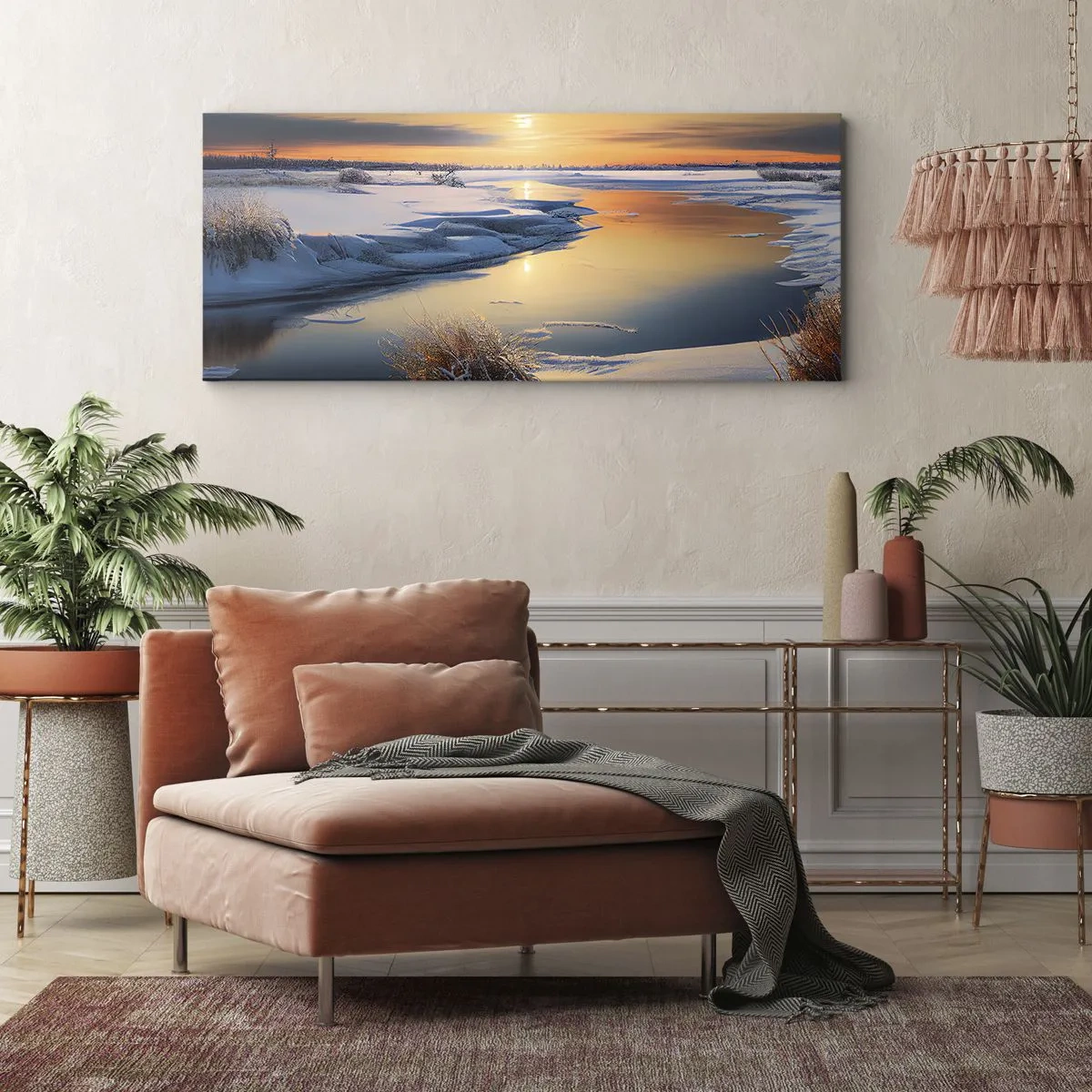 Bild auf Leinwand - Leinwandbild - Winterlandschaft mit einem Fluss bei Sonnenuntergang - 160x50cm - Wintersonnenuntergang - Moderne Wanddekoration für Wohnzimmer und Schlafzimmer ARTTOR