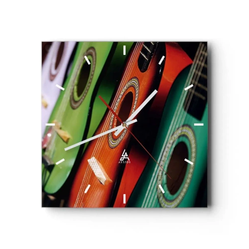 Wanduhr - Glasuhr - Bunte Gitarren in verschiedenen Farbtönen in einer Reihe angeordnet - 30x30cm - Die Gitarre hat viele Farben - Moderne Wanddekoration für Wohnzimmer und Schlafzimmer ARTTOR