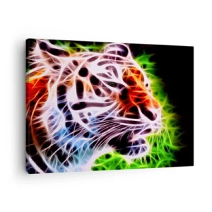 Bild auf Leinwand - Leinwandbild - Farbenfrohes künstlerisches Porträt eines Tigers im Neonstil auf schwarzem Hintergrund. - 70x50cm - Schreckliche Aura - Moderne Wanddekoration für Wohnzimmer und Schlafzimmer ARTTOR