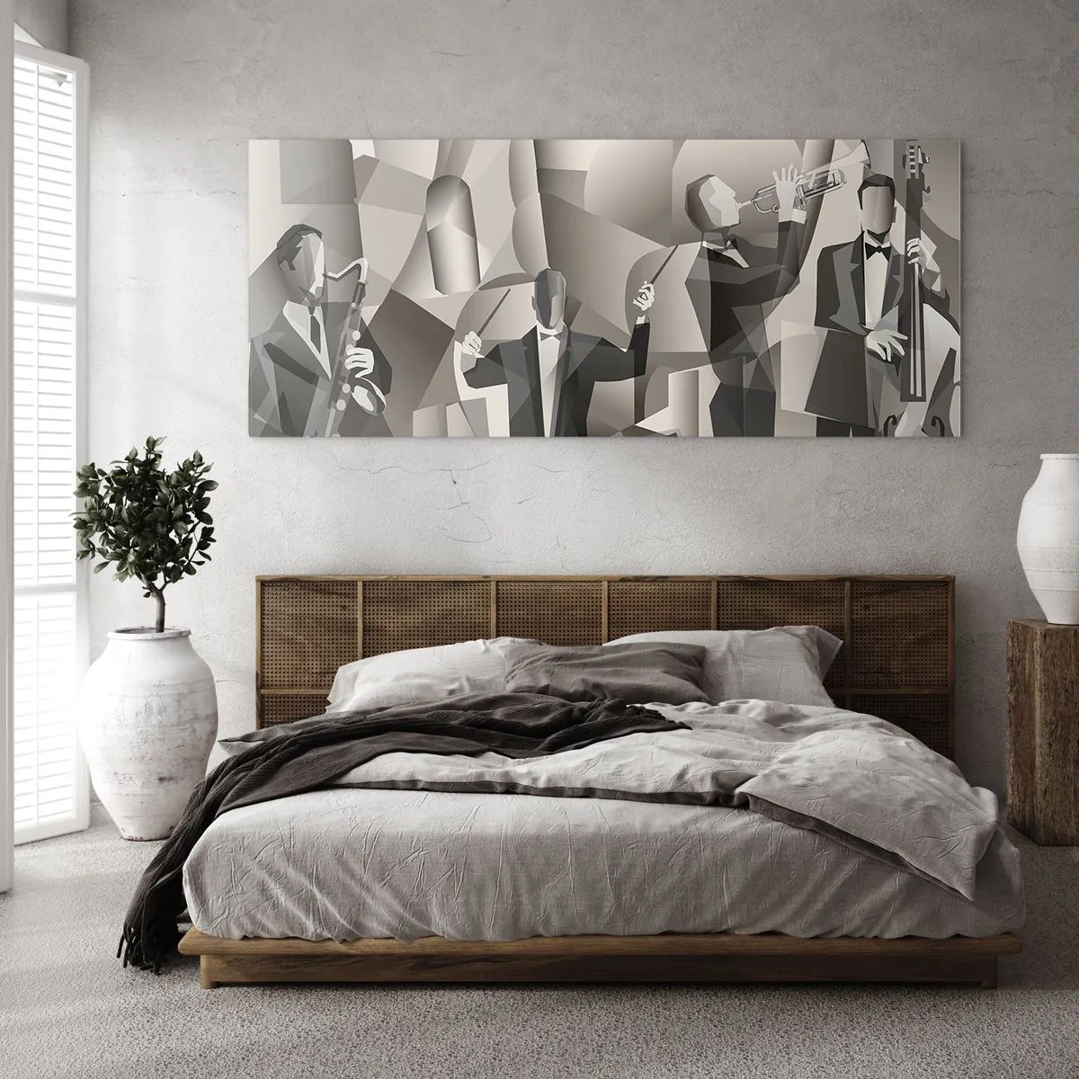 Glasbild - Bild auf glas - Abstrakte Szene mit Jazzmusikern in Grautönen. - 120x50cm - Im Raum der Klänge - Moderne Wanddekoration für Wohnzimmer und Schlafzimmer ARTTOR