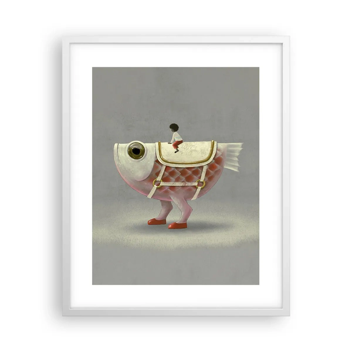 Poster in einem weißen Rahmen - Reiter auf einem surrealen Fisch - 40x50 cm