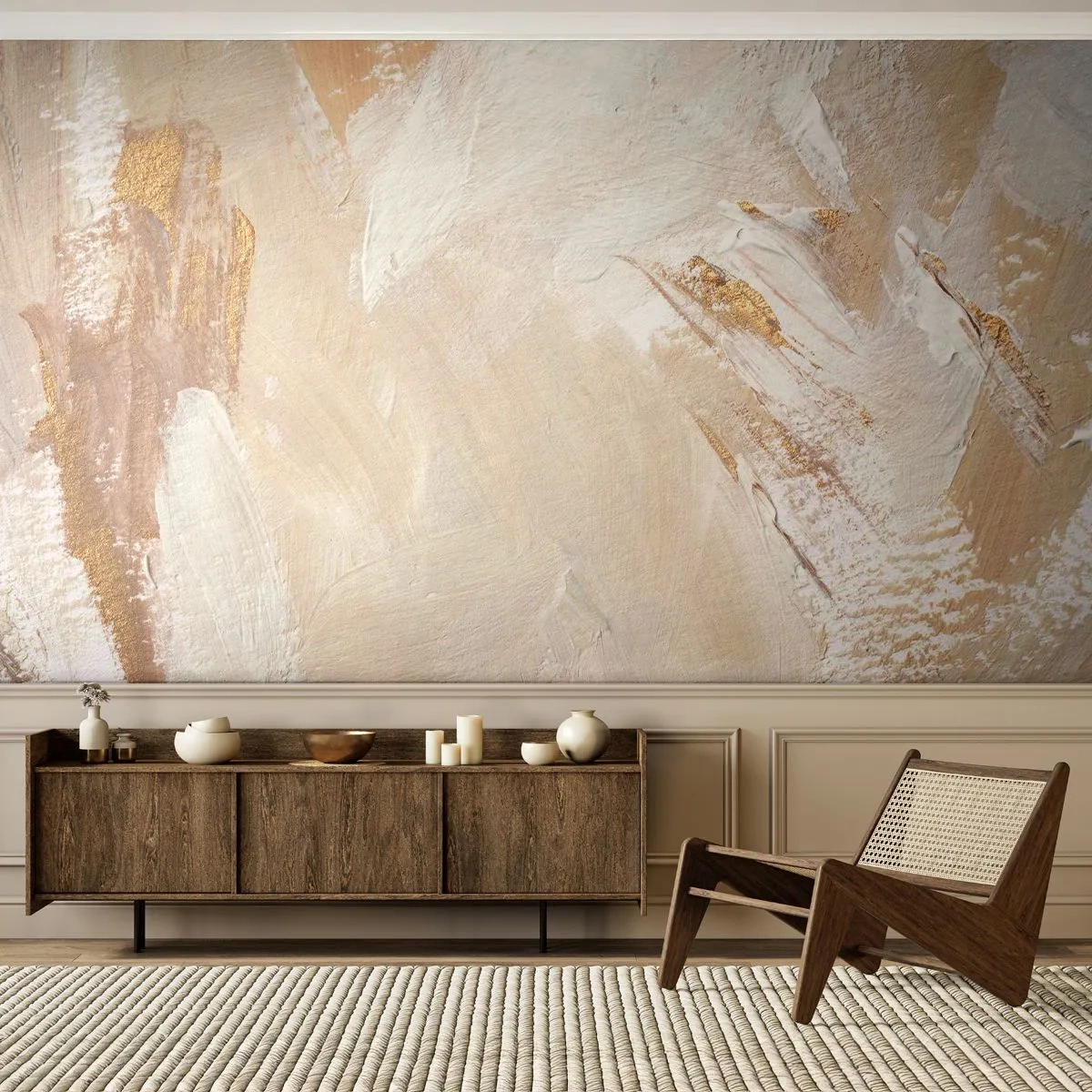 Fototapete Premium Sand - Zarte Pastellpinselstriche mit goldenen Akzenten - 100x70cm - Pastellkomposition - Moderne Wanddekoration für Wohnzimmer und Schlafzimmer ARTTOR