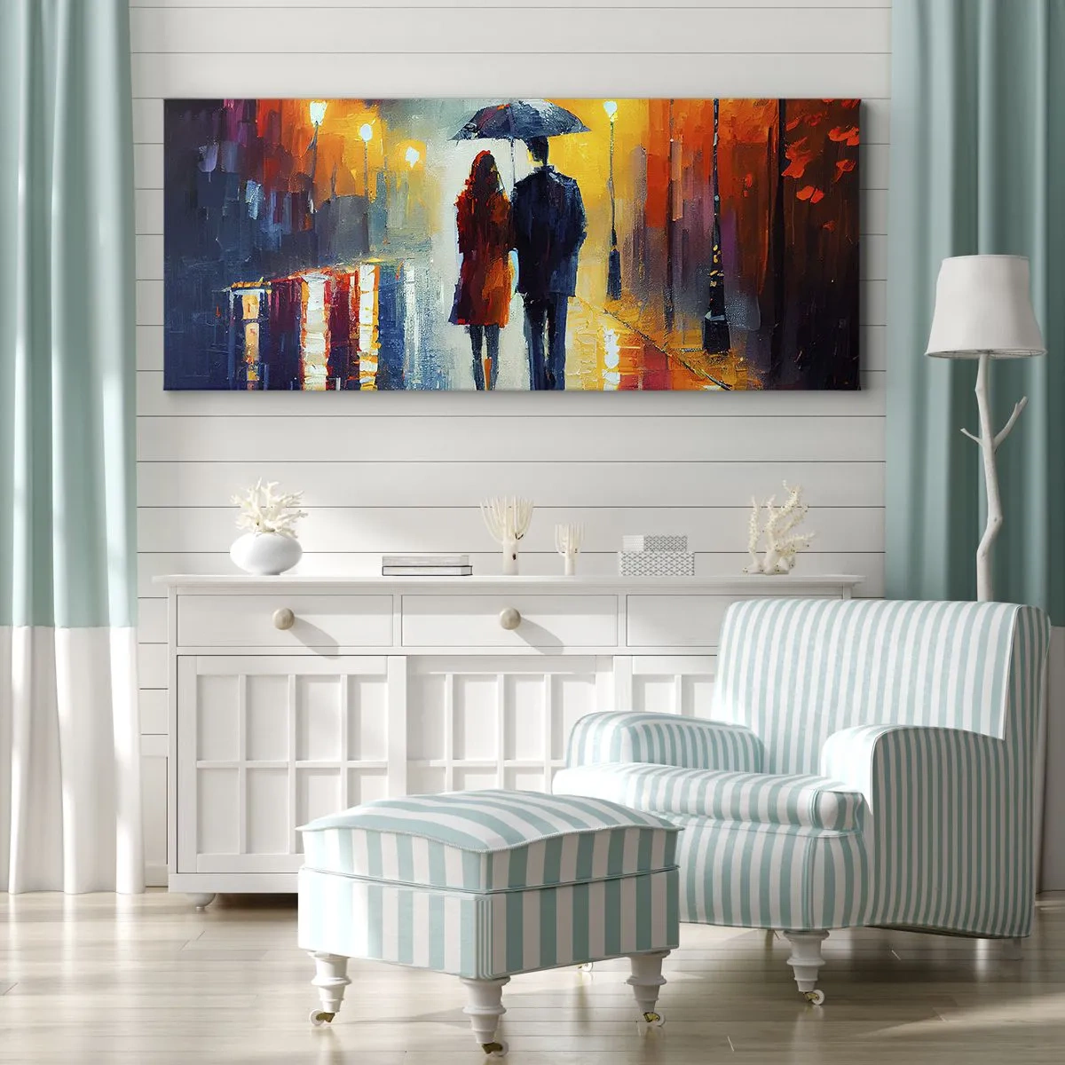 Bild auf Leinwand - Leinwandbild - Ein Paar unter einem Regenschirm, das durch eine farbenfrohe Nachtstadt spaziert - 120x50cm - Gemeinsam – eine bunte Nacht - Moderne Wanddekoration für Wohnzimmer und Schlafzimmer ARTTOR