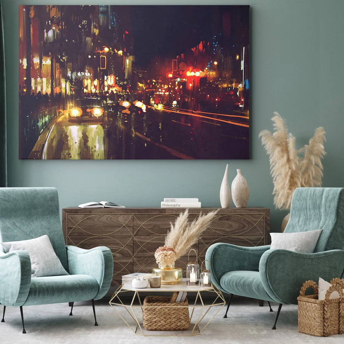Bild auf Leinwand - Leinwandbild - Nachtszene in der Stadt mit bunten Lichtern und Straßenreflexionen - 70x50cm - Eingetaucht in die Lichter der Nacht - Moderne Wanddekoration für Wohnzimmer und Schlafzimmer ARTTOR
