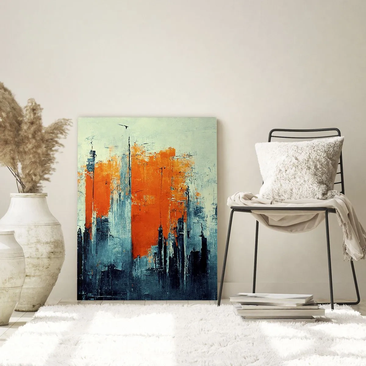 Glasbild - Bild auf glas - Abstrakte Stadtlandschaft in Orange- und Blautönen - 80x120cm - Moderne Landschaft - Moderne Wanddekoration für Wohnzimmer und Schlafzimmer ARTTOR