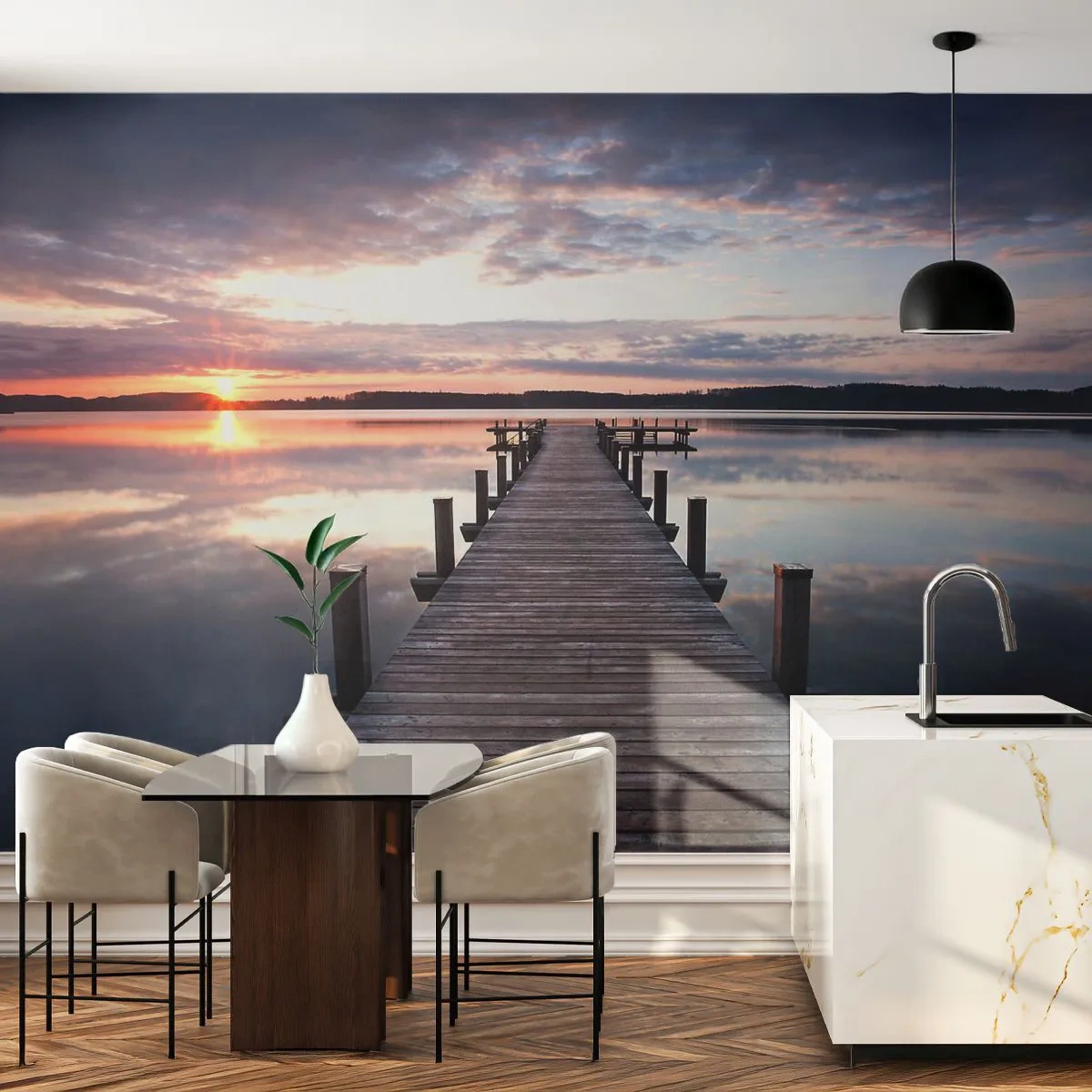 Fototapete Premium Canvas - Eine stille Grenze zwischen Tag und Nacht - Landschaft, See, Sonnenuntergang - 250x175 cm