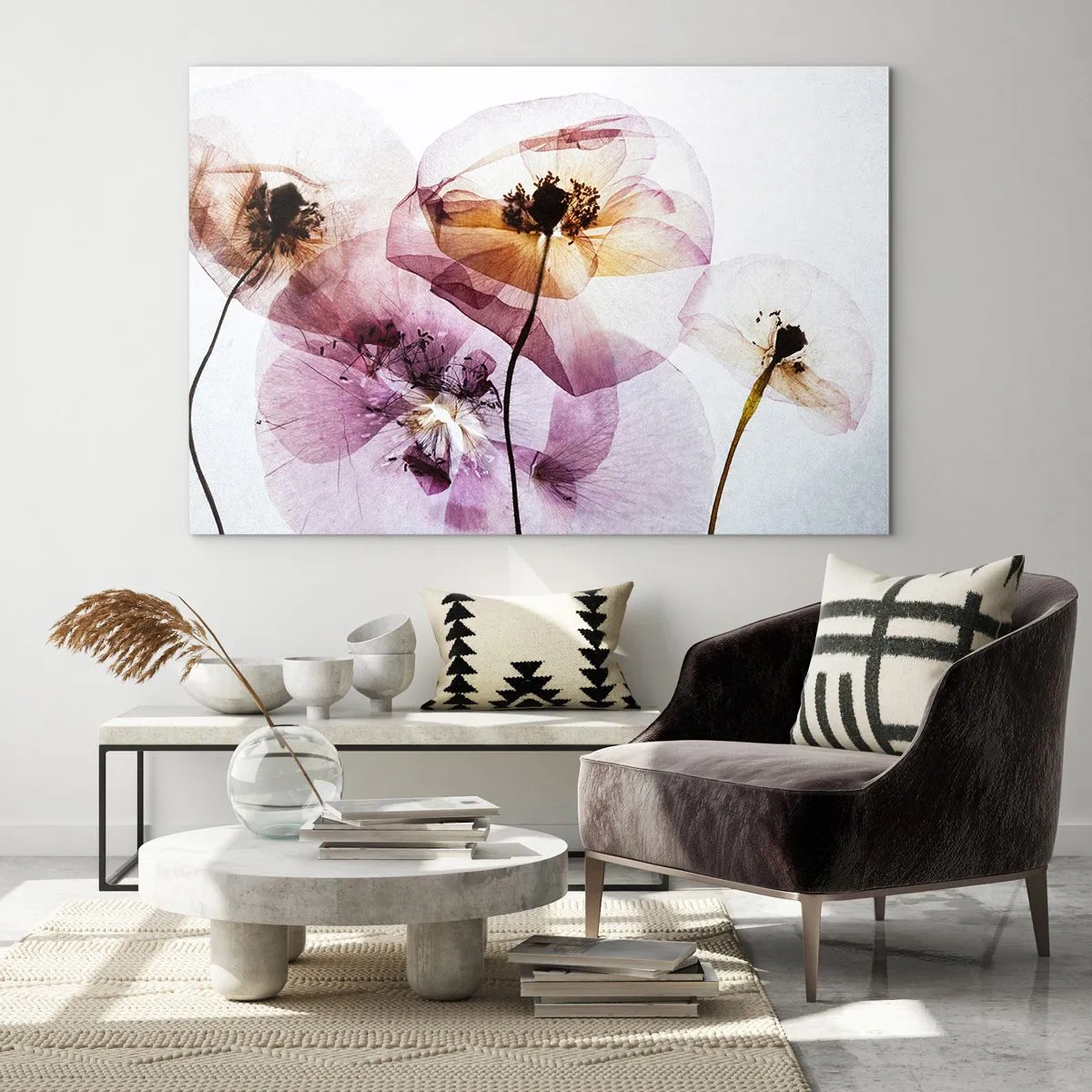 Glasbild - Bild auf glas - Zarte Blüten in transparenten Pastellfarben auf hellem Untergrund - 100x70cm - Transparente Körperblumen - Moderne Wanddekoration für Wohnzimmer und Schlafzimmer ARTTOR